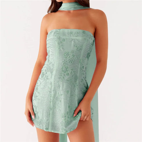 Sequin Strapless Mini Dress with Scarf Y2K Rhinestone Sleeveless Off Shoulder Design for Parties